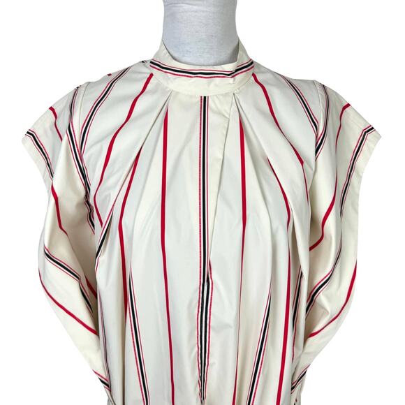 3.1 PHILLIP LIM | Ivory Red Striped Stand Collar Cap Sleeve Tie Hem Designer Top - Picture 7 of 15